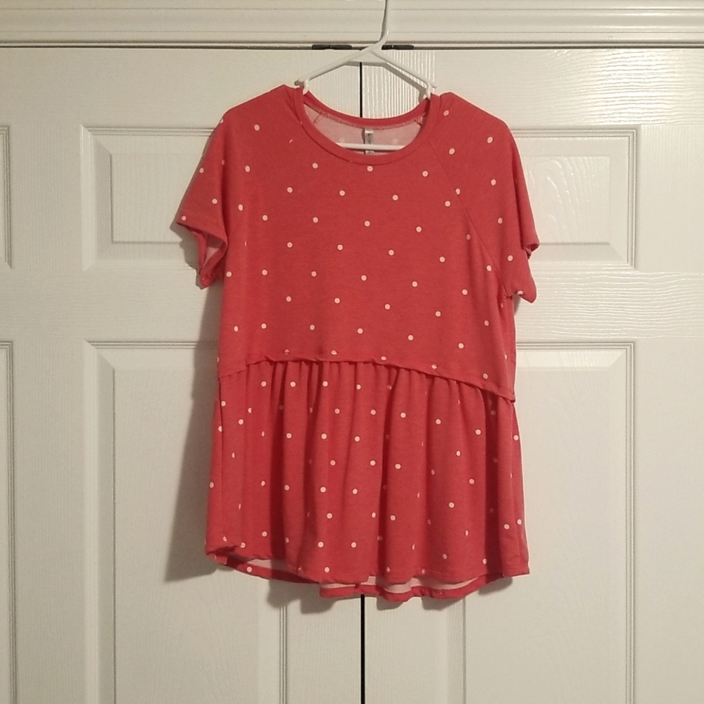 Coral with White Polka Dot Babydoll Tee-Size Large.